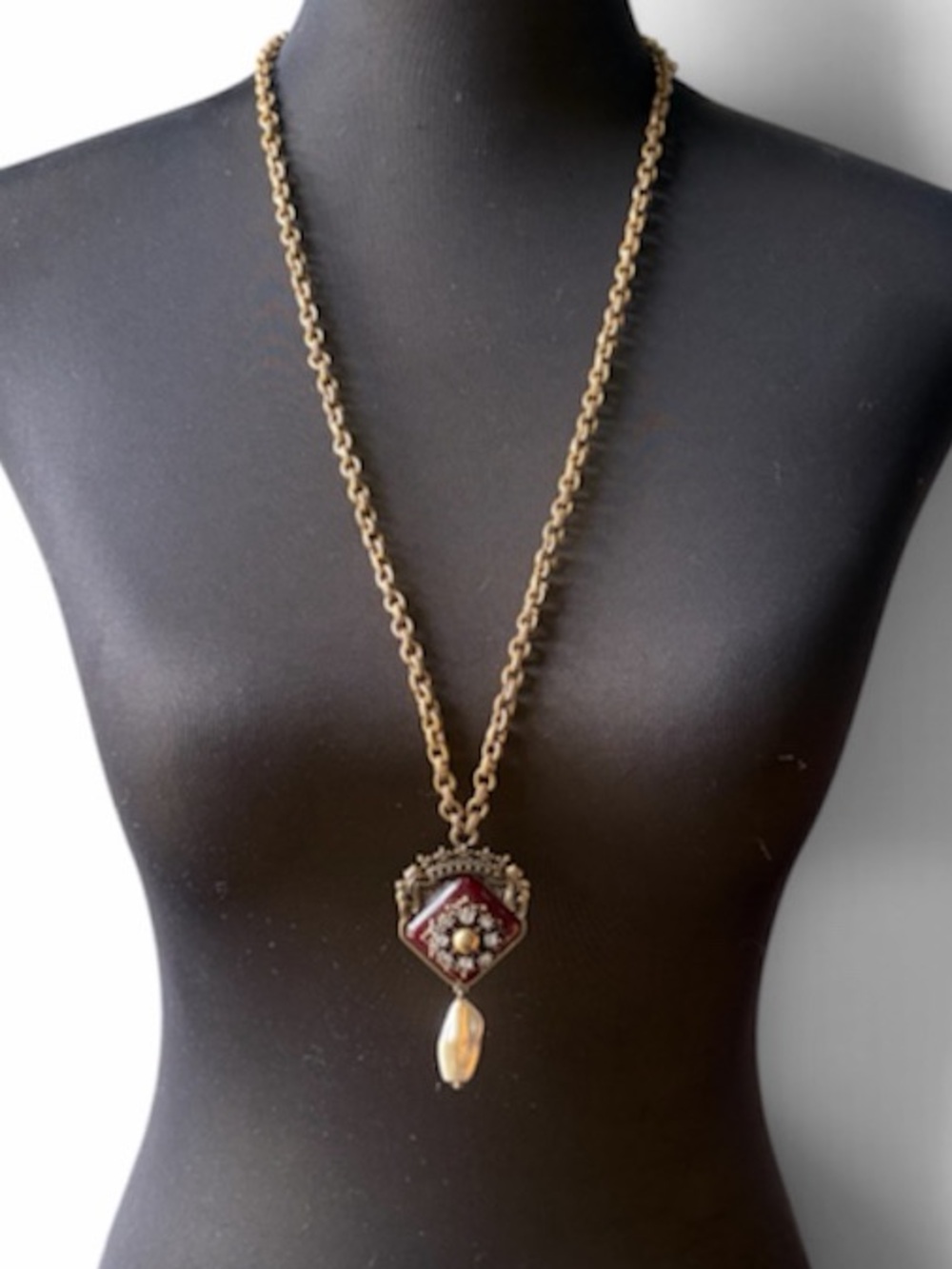 Chico's Reversible Gold Tone Chain Necklace with Red and Pearl Pendant, Art Deco